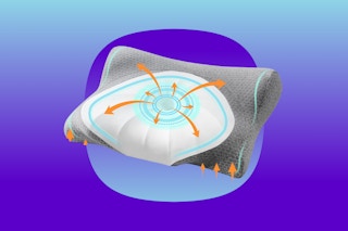 A grey memory foam cervical neck pillow with arrows and circles drawn on the white center to show how the pillow eases weight on the neck