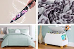 4 lifestyle images of Walmart clearance deals: bedding, knife, storage 