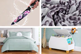 4 lifestyle images of Walmart clearance deals: bedding, knife, storage 