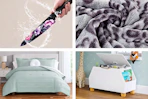 4 lifestyle images of Walmart clearance deals: bedding, knife, storage