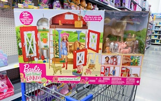 barbie sweet orchard farm barn playset in a box on walmart cart