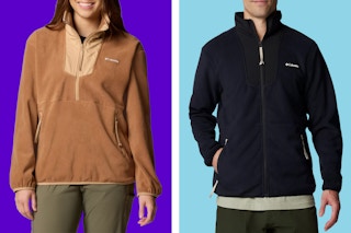 Adult Columbia fleece jackets on a purple and blue collage background.
