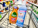 suavitel and palmolive in a walgreens shopping cart