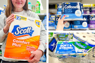 collage image of scott, cottonelle, and kroger brand toilet paper products