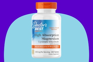 Doctor’s Best High Absorption Magnesium Glycinate Lysinate Supplement on a blue background.