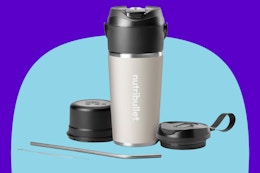 nutribullet Flip Portable Blender on a blue background.