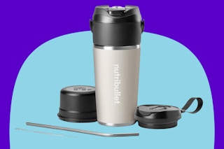 nutribullet Flip Portable Blender on a blue background.