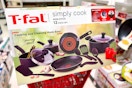 t-fal 12-piecec cookware set sitting on a target cart