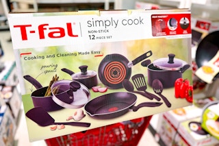 t-fal simply cook 12-piece cookware set sitting on a target cart