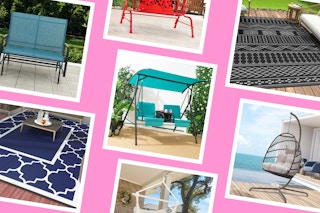 a collage on a pink background of egg chair, patio swings, hammock swings, and rugs