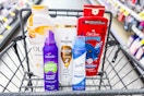 olay, old spice, pantene, aussie, and secret products in a cart