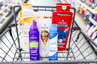 olay, old spice, pantene, aussie, and secret products in a cart
