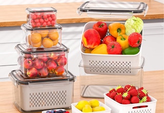 fruit containers stacked on counter