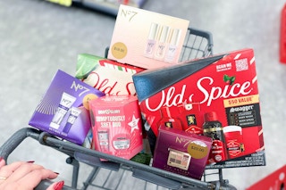 old spice, no7, and soap & glory gift sets in a cart