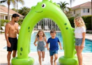 a family playing with a green inflatable sprinkler 