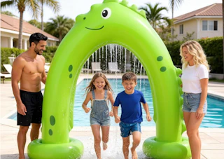 a family playing with a green inflatable sprinkler 