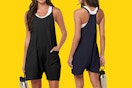 person modeling front and back of romper