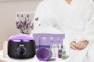 a waxing kit near a woman in a robe