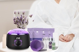 a waxing kit near a woman in a robe