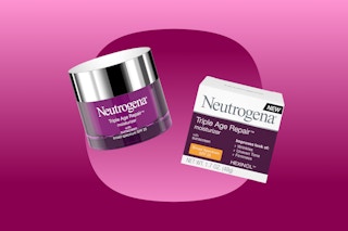 A purple and white jar and box of Neutrogena Triple Age Repair Moisturizer
