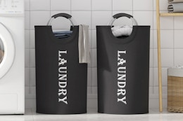 laundry baskets near a washing machine