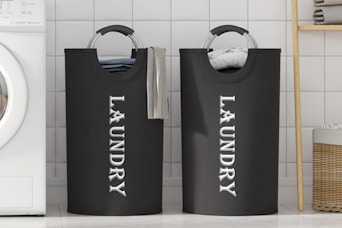 laundry baskets near a washing machine