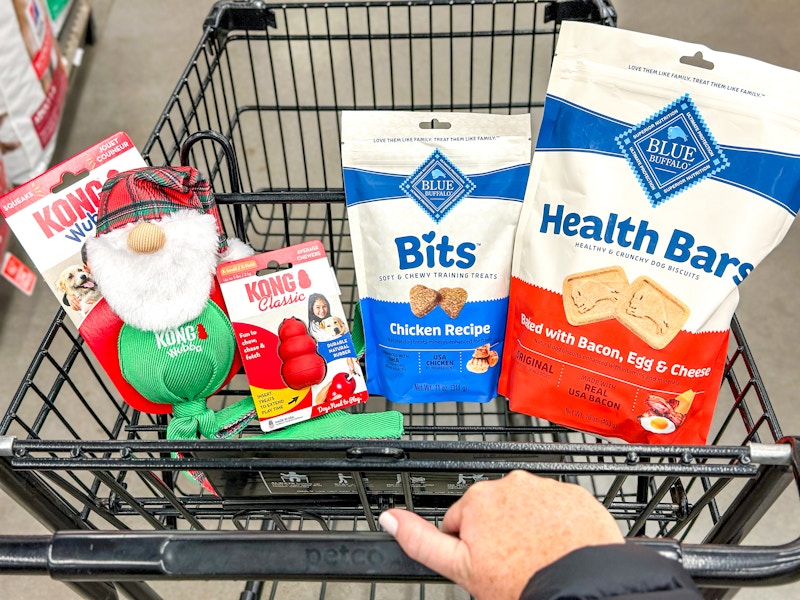 person pushing a cart with 2 blue buffalo dog treats and 2 kong dog toys in it