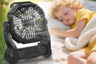 a fan in front of a child sleeping