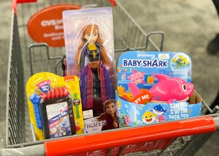cvs cart with blue clues, disney frozen, an baby shark toys