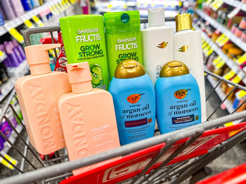 cvs shopping cart with monday, ogx, dove, and garnier products