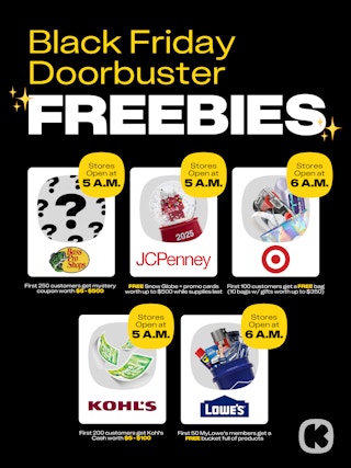 graphic of black friday doorbuster freebies at bass pro shops, jcpenney, target, kohls and lowes in 2025