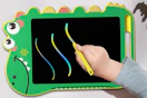 child writing on dinosaur LCD writing tablet
