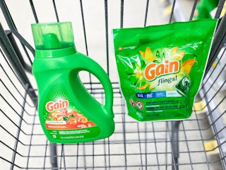 one Gain Laundry detergent and Gain Flings inside shopping cart