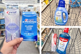 collage image of crest whitening products, snuggle fabric softener, and colgate oral care