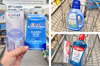 collage image of crest whitening products, snuggle fabric softener, and colgate oral care