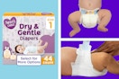 1 stock image of Parent's Choice Dry & Gentle Diapers + 2 lifestyle images of diaper in action