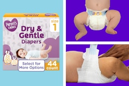 1 stock image of Parent's Choice Dry & Gentle Diapers + 2 lifestyle images of diaper in action