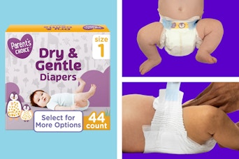 1 stock image of Parent's Choice Dry & Gentle Diapers + 2 lifestyle images of diaper in action