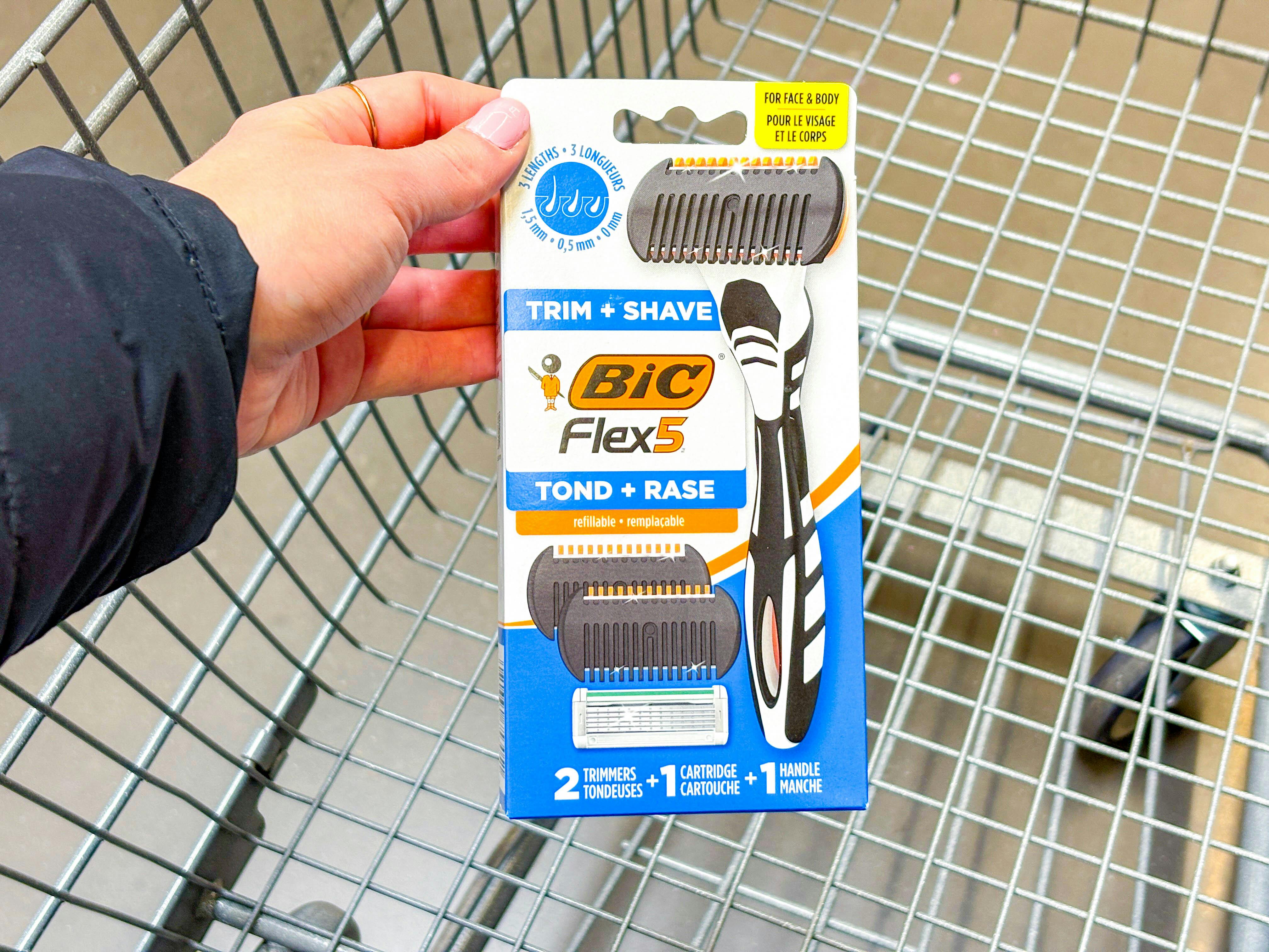 Bix Flex 5 Trim + Shave held over Walmart shopping cart