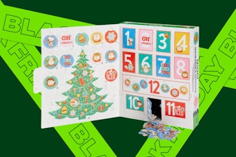 a peanuts advent calendar on a green background