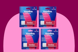 Vaseline Lip Therapy 4-pack B0BZQP7V3B Four blue and pink blister packs holding tubes of Vaseline Lip Therapy Rosy Lips