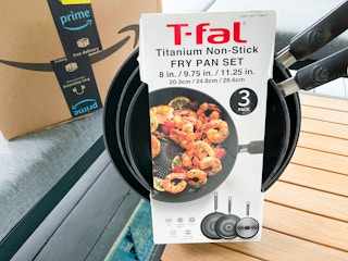 T-Fal Frying pan set next to an amazon box