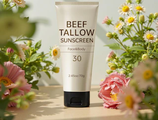 a tube of sunscreen next to flowers