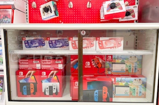 nintendo switch consoles on shelves at target