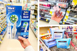 collage image of oral-b electric toothbrush, maybelline lip gloss, and neutrogena wipes