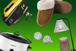 tire inflator, gourmia clow cooker, earring, better homes and garden candle lamp, and slippers