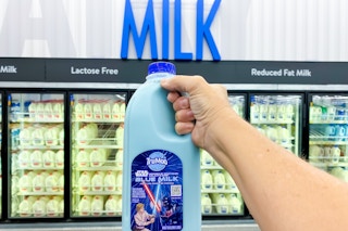 TruMoo Blue Star Wars Milk in Walmart in front of "Milk" signage