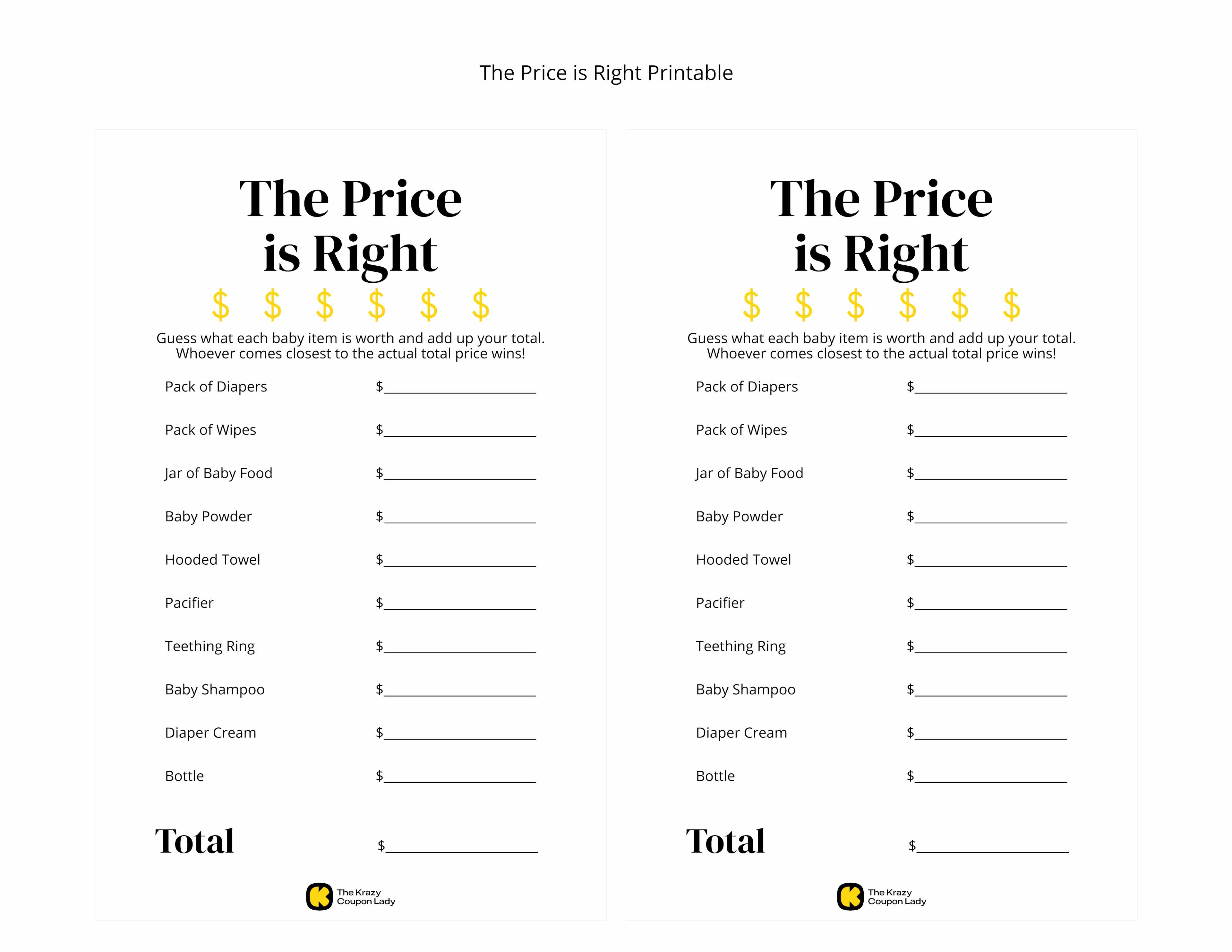 The Price is Right printable game
