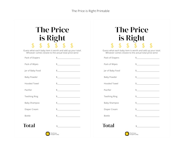 The Price is Right printable game