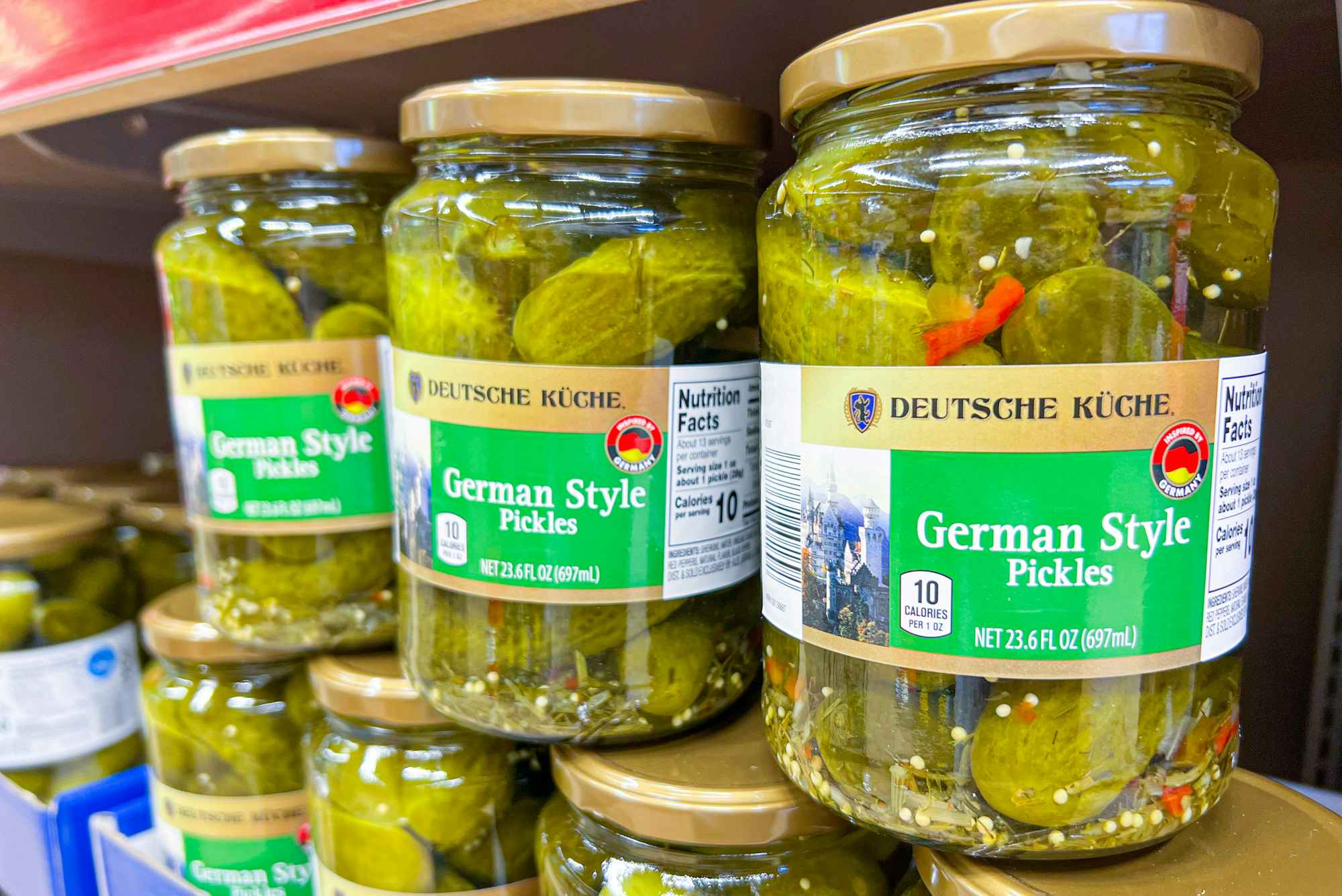 Jars of German style pickles at Aldi